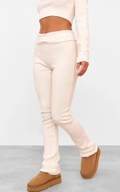 Cream Rib Fold Over Waist Flared Pants