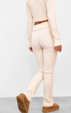 Cream Rib Fold Over Waist Flared Pants