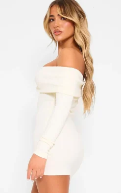 Cream Rib Foldover Bardot Bodycon Dress