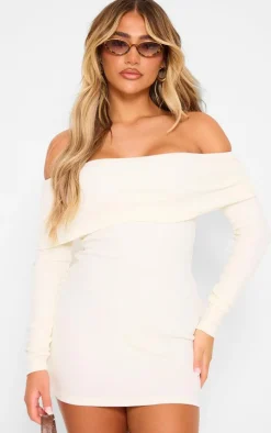 Cream Rib Foldover Bardot Bodycon Dress