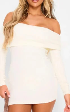 Cream Rib Foldover Bardot Bodycon Dress
