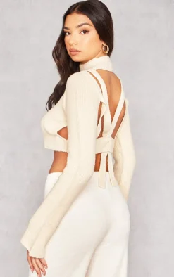 Cream Rib Knit Open Back Cropped Sweater