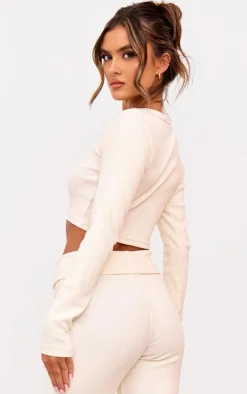 Cream Rib Scoop Neck Long Sleeve Crop Top