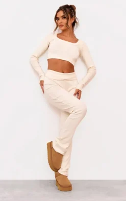 Cream Rib Scoop Neck Long Sleeve Crop Top