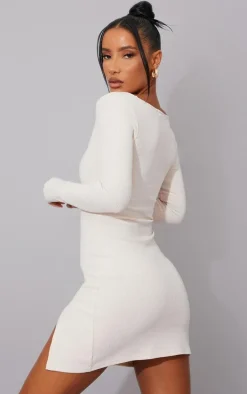 Cream Rib Split Hem Square Neck Long Sleeve Bodycon Dress