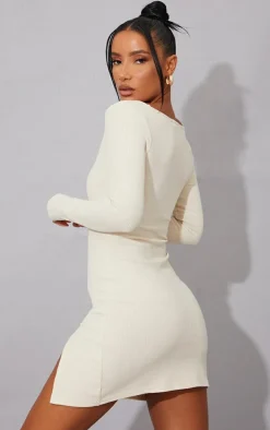 Cream Rib Split Hem Square Neck Long Sleeve Bodycon Dress