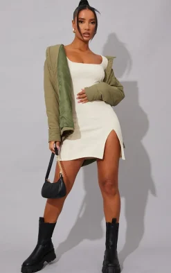 Cream Rib Split Hem Square Neck Long Sleeve Bodycon Dress