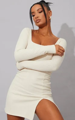 Cream Rib Split Hem Square Neck Long Sleeve Bodycon Dress