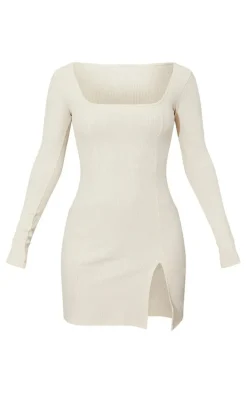 Cream Rib Split Hem Square Neck Long Sleeve Bodycon Dress