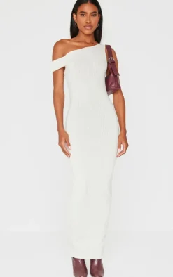 Cream Ribbed Asymmetric Maxi Dress
