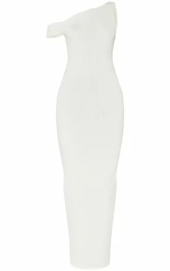 Cream Ribbed Asymmetric Maxi Dress