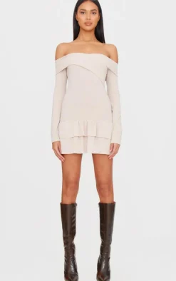 Cream Ribbed Bardot Cross Over Bust Detail Shift Dress