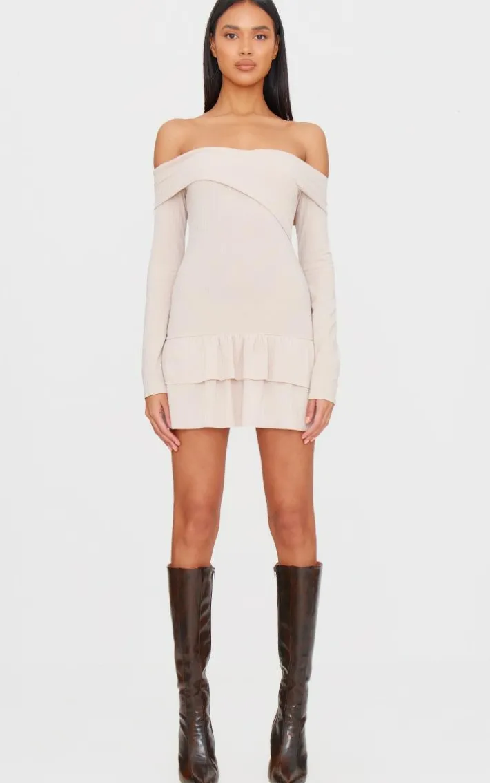 Cream Ribbed Bardot Cross Over Bust Detail Shift Dress