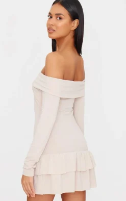 Cream Ribbed Bardot Cross Over Bust Detail Shift Dress