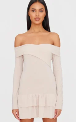 Cream Ribbed Bardot Cross Over Bust Detail Shift Dress