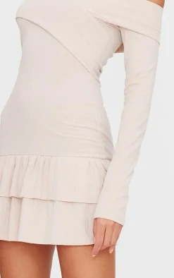 Cream Ribbed Bardot Cross Over Bust Detail Shift Dress