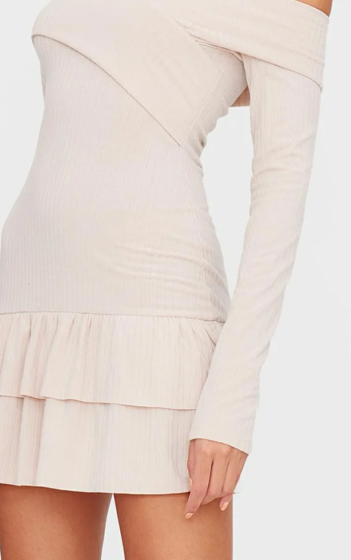 Cream Ribbed Bardot Cross Over Bust Detail Shift Dress