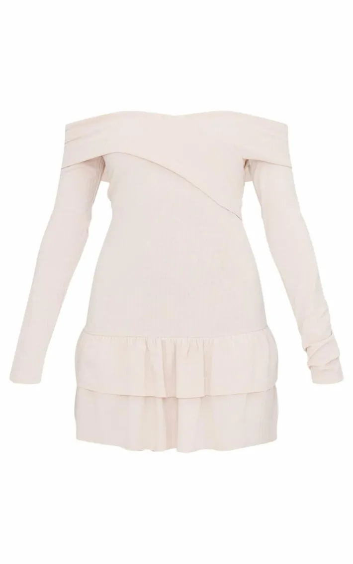 Cream Ribbed Bardot Cross Over Bust Detail Shift Dress