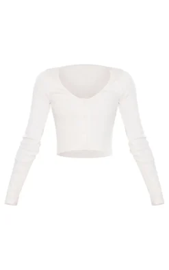 Cream Ribbed Button Front Long Sleeve Top