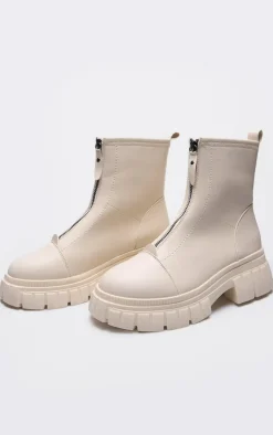 Cream Ribbed Chunky Sole Zip Up Ankle Boots