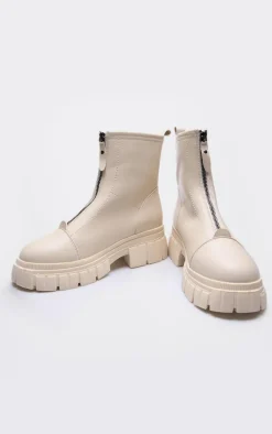Cream Ribbed Chunky Sole Zip Up Ankle Boots