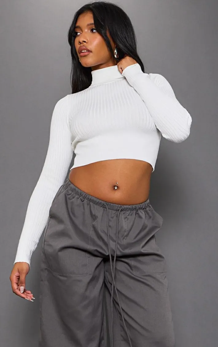 Cream Ribbed Knitted Roll Neck Cropped Sweater
