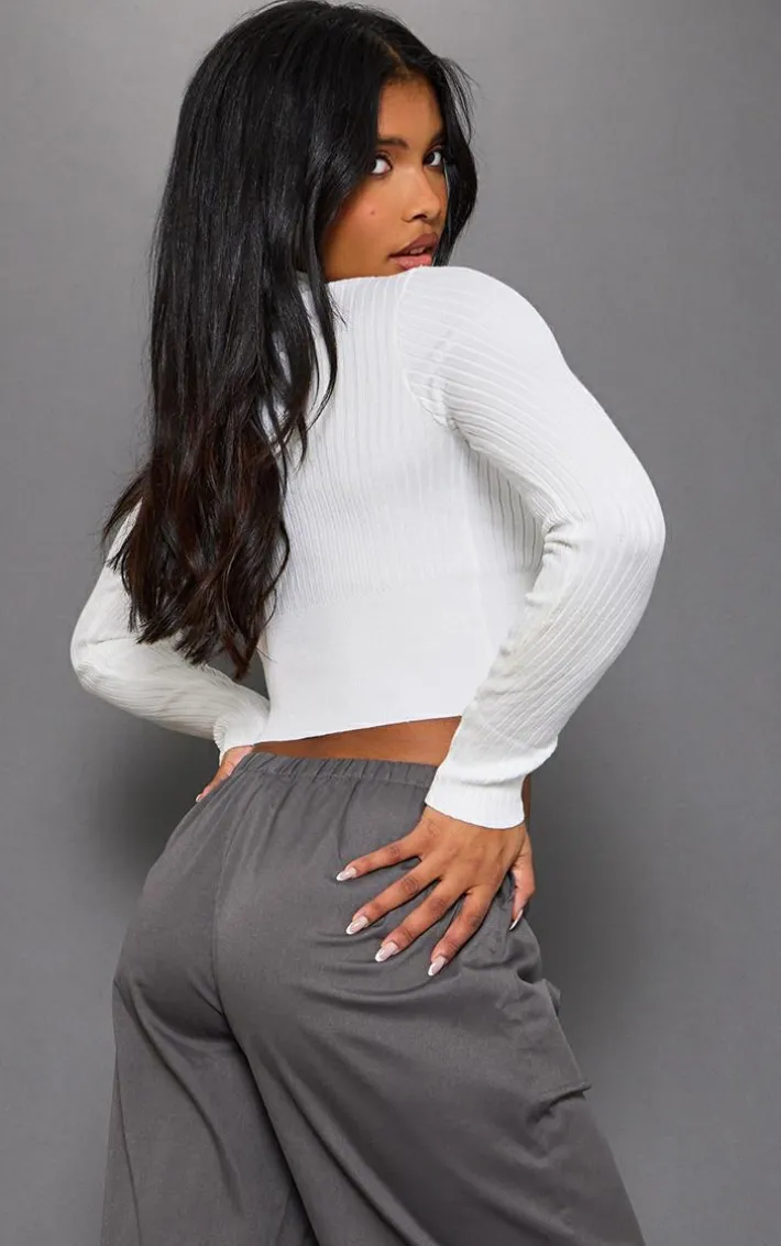 Cream Ribbed Knitted Roll Neck Cropped Sweater