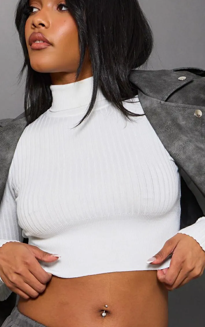 Cream Ribbed Knitted Roll Neck Cropped Sweater