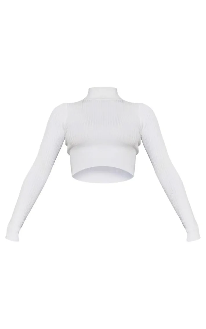 Cream Ribbed Knitted Roll Neck Cropped Sweater
