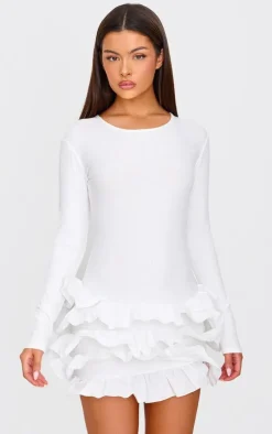 Cream Ribbed Long Sleeve Frill Mini Dress