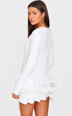 Cream Ribbed Long Sleeve Frill Mini Dress