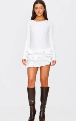 Cream Ribbed Long Sleeve Frill Mini Dress