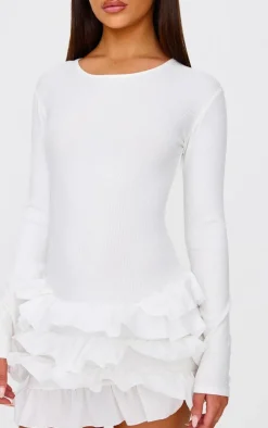 Cream Ribbed Long Sleeve Frill Mini Dress