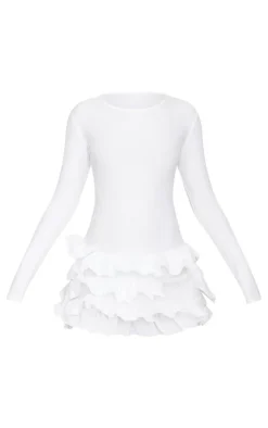 Cream Ribbed Long Sleeve Frill Mini Dress
