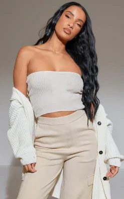 Cream Ribbed Style Bandeau Soft Knit Top