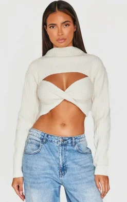 Cream Ribbed Twist Front Cut Out Sweater