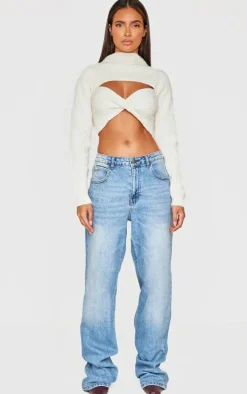 Cream Ribbed Twist Front Cut Out Sweater