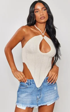 Cream Ring Detail Knit Scarf Top