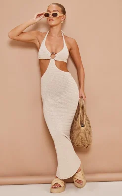 Cream Ring Detail Knitted Maxi Dress