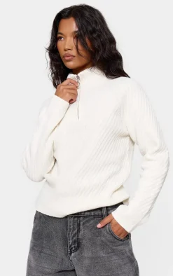 Cream Ripple Knit Half Zip Sweater