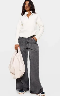 Cream Ripple Knit Half Zip Sweater