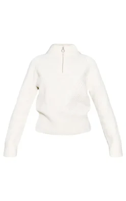 Cream Ripple Knit Half Zip Sweater