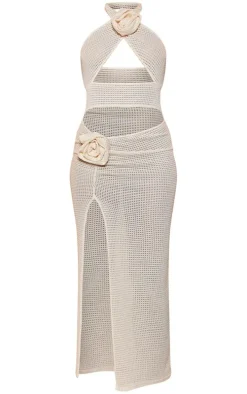 Cream Rose Detail Halterneck Knit Midi Dress