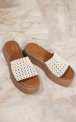 Cream Round Toe Crochet Strap Platform Flat Sandals