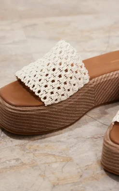 Cream Round Toe Crochet Strap Platform Flat Sandals