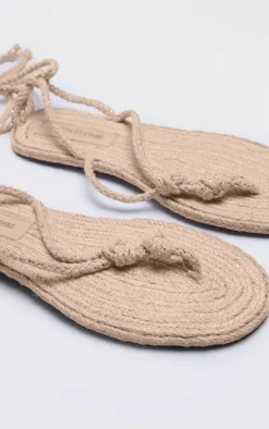 Cream Round Toe Rope Lace Up Toe Thong Flat Sandals