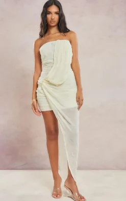 Cream Ruched Chiffon Drape Bandeau Midaxi Dress