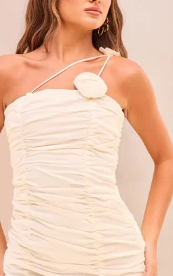 Cream Ruched Floral Strap Linen Look Bodycon Dress