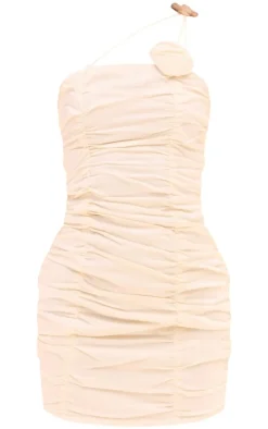 Cream Ruched Floral Strap Linen Look Bodycon Dress