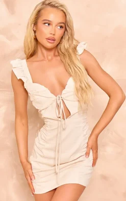Cream Ruched Frill Strap Bodycon Dress